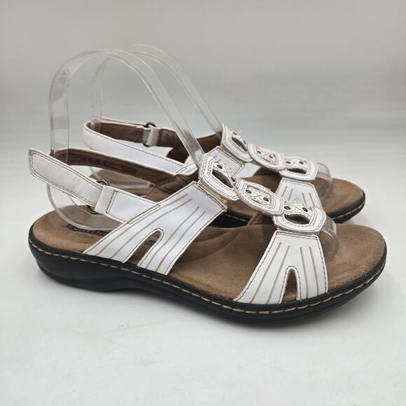 Clarks Collection Sandals Womens 6.5 W White Leather Strapy Flats Beach - Picture 1 of 6